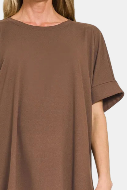 Brushed DTY Microfiber Round Neck Top & Biker Shorts Set / BROWN