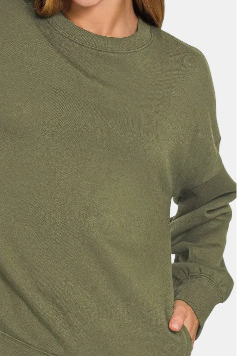 Fleece Hi-Low Boyfriend Sweatshirt with Pockets / DK OLIVE