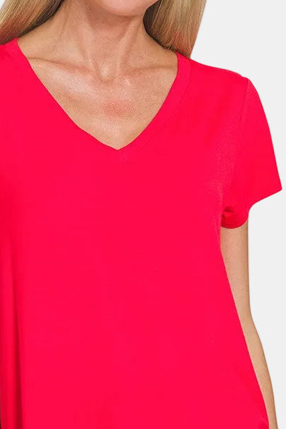 Rayon Short Sleeve V-Neck Round Hem Top / RUBY