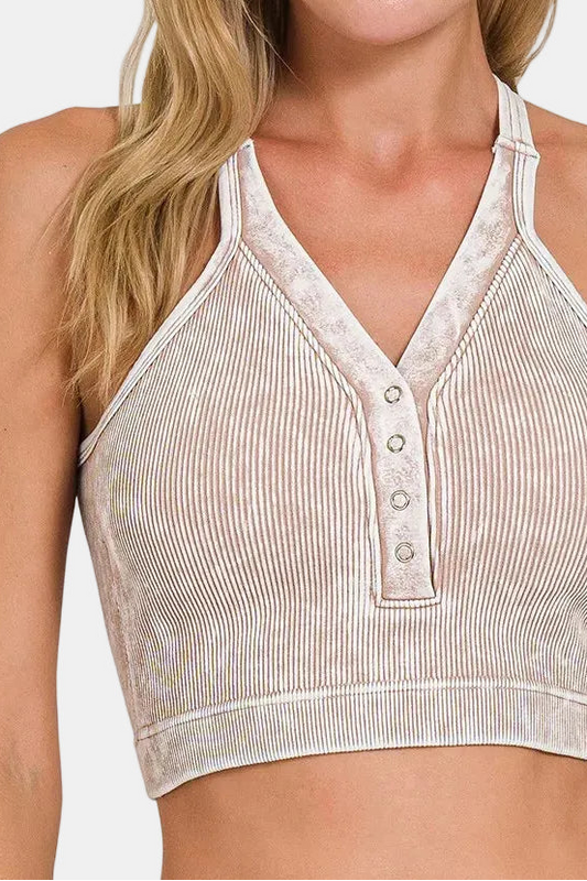 Washed Ribbed Seamless Button V-Neck Tank Top / ASH MOCHA