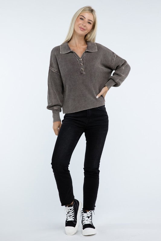 Washed Collared Henley Sweater