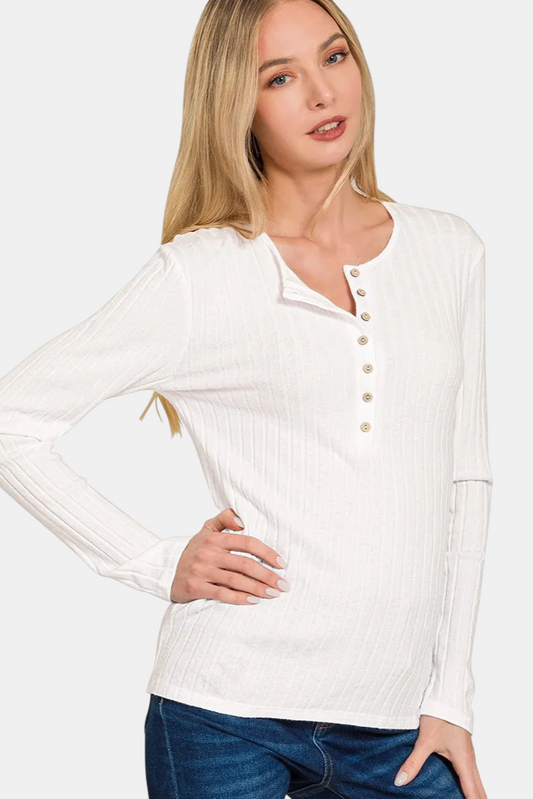 Ribbed Long Sleeve Button Down Top / OFF WHITE