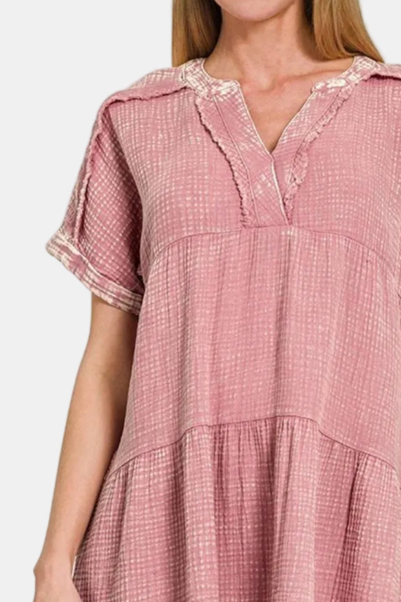Washed Double Gauze Raw Edge V-Neck Dress / LT ROSE