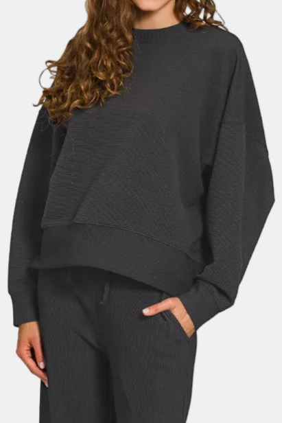 Ribbed Round Neck Pullover & Pants Set / BLACK