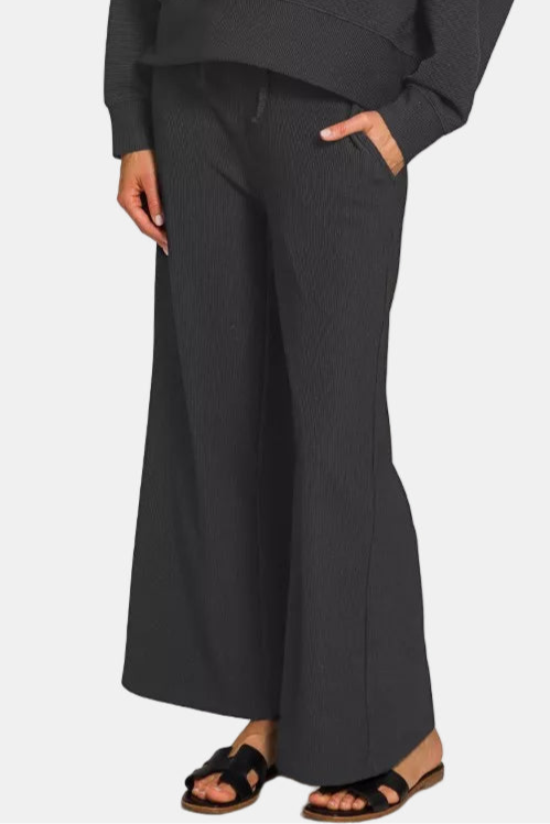 Ribbed Round Neck Pullover & Pants Set / BLACK