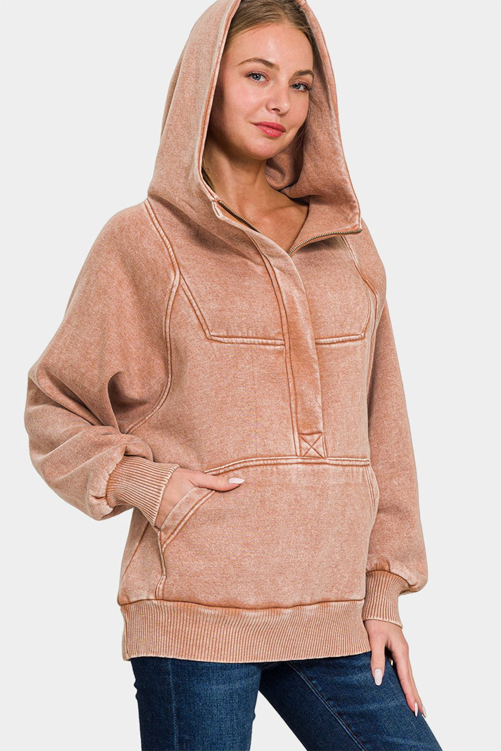 Acid Wash Fleece Oversized 1/4 Zip Kangaroo Hoodie