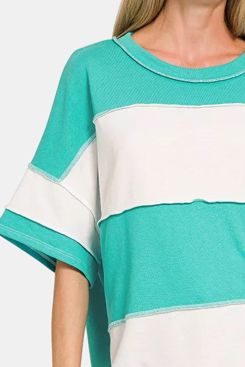 French Terry Color Block Exposed Seam Top / TURQUOISE