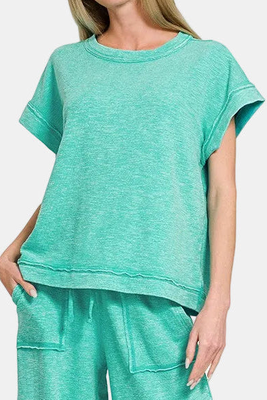 Washed Slub Short Sleeve Tee & Long Pants Set / TURQUOISE