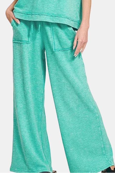 Washed Slub Short Sleeve Tee & Long Pants Set / TURQUOISE