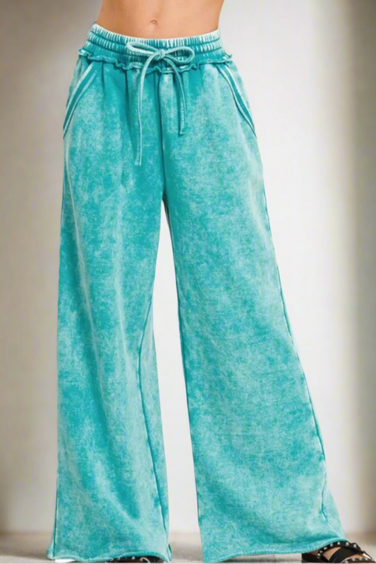 Acid Wash Fleece Palazzo Sweatpants with Pockets / LT TEAL