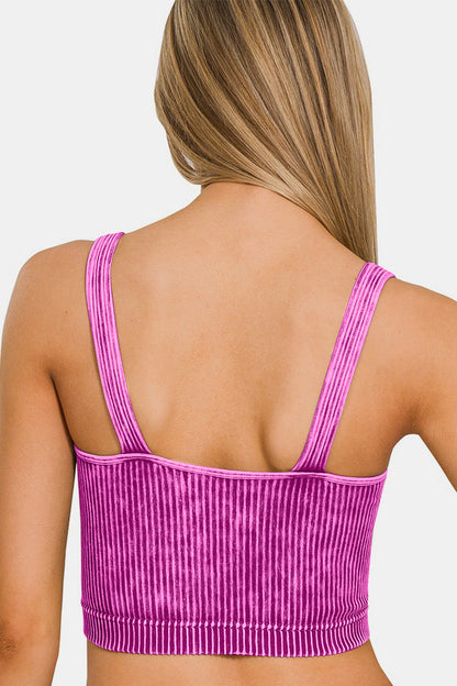 Washed Ribbed Cropped Seamless V-Neck Tank Top