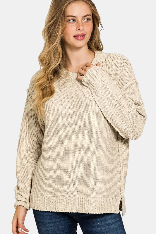 Exposed Seam Round Neck Sweater / SAND BEIGE