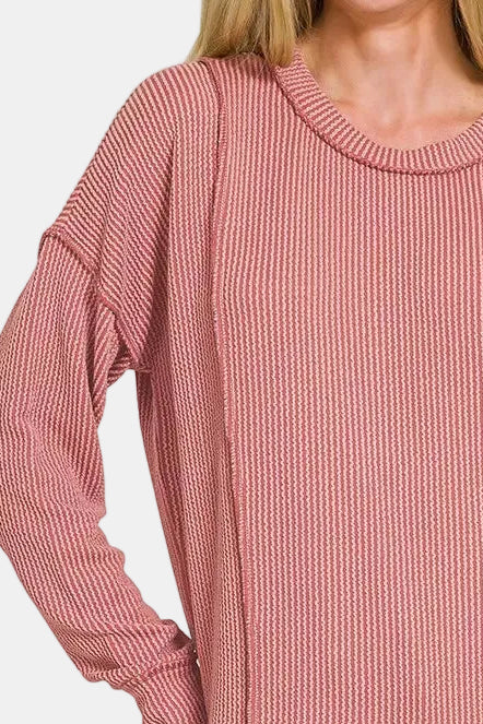 Corded Rib Long Sleeve Round Neck Top / WINTER ROSE