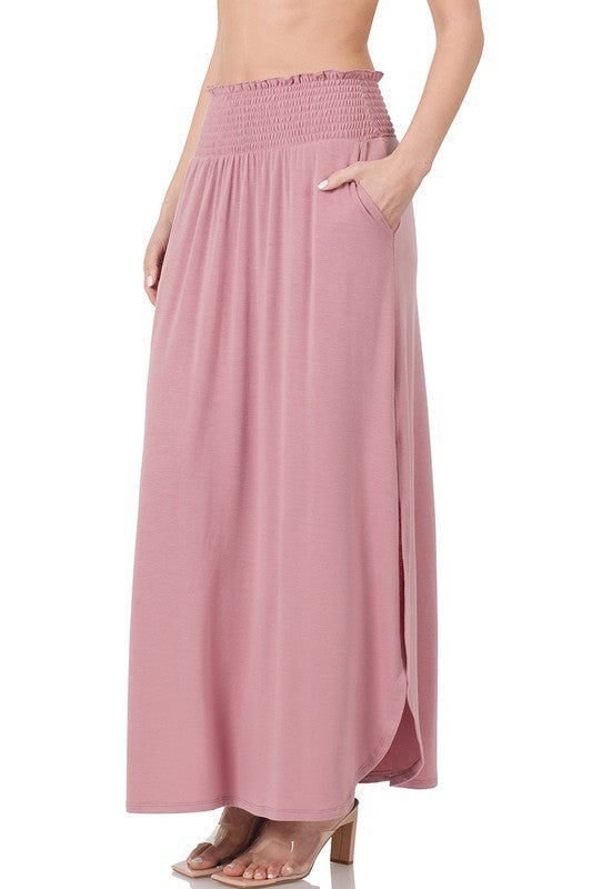 Smocked Waist Side Slit Maxi Skirt with Pockets