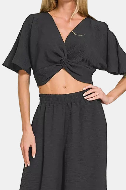 Woven Airflow Twisted Top & Wide Leg Pants Set / BLACK