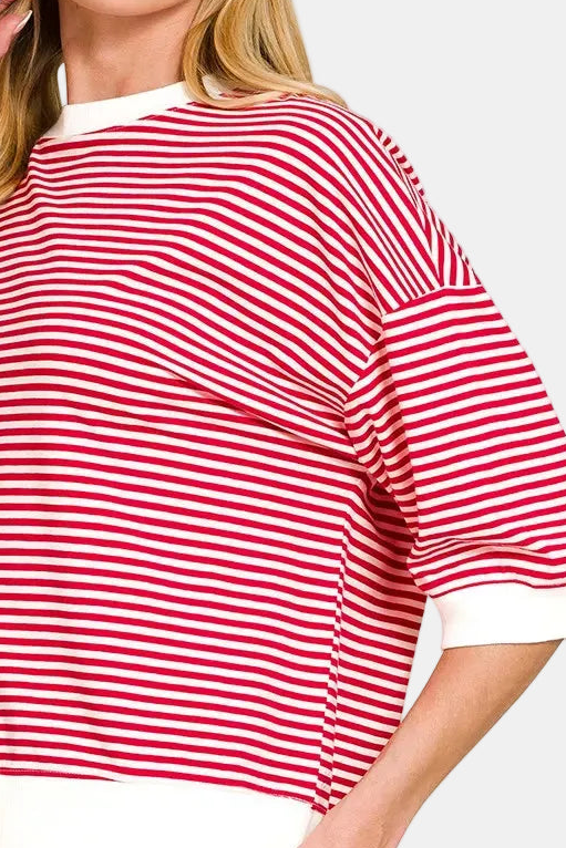 Striped Contrast Trim Banded Bottom Top / RUBY