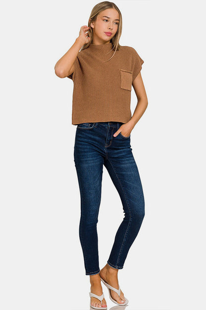 Mock Neck Short Sleeve Cropped Sweater