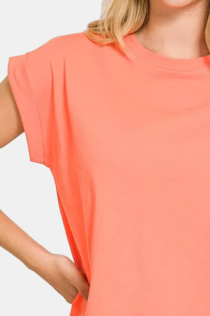 Round Neck Folded Short Sleeve T-Shirt / CORAL