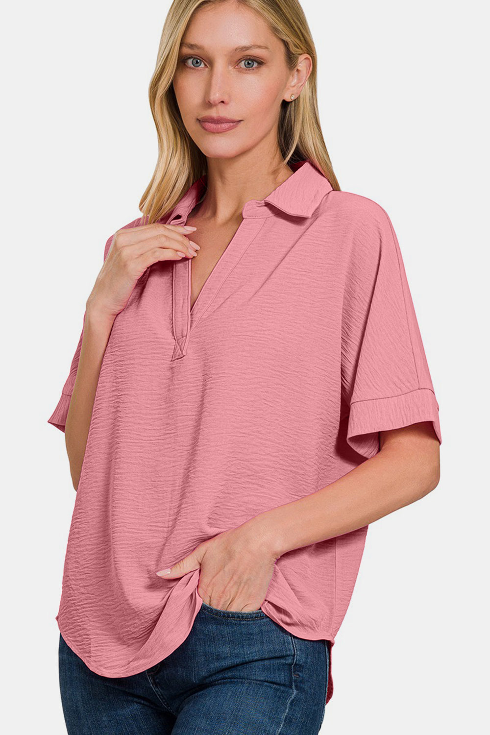 Woven Airflow Collared V-Neck Short Sleeve Top