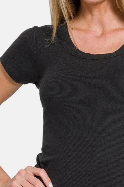 Ribbed Round Neck Short Sleeve Tee Shirt / BLACK