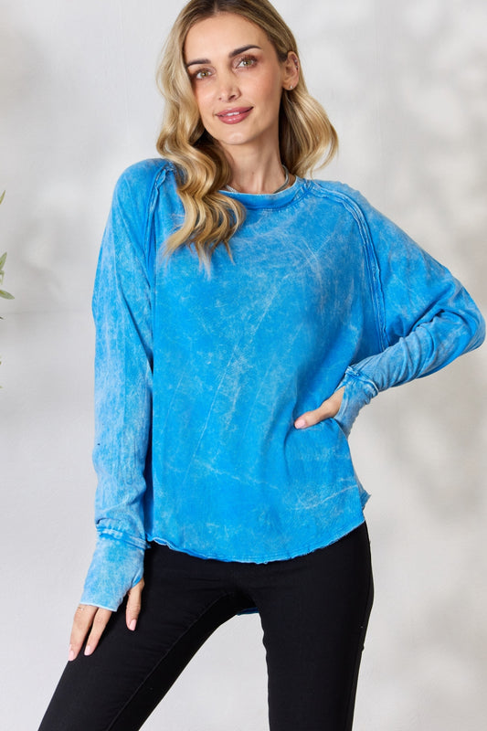Washed Thumb Hole Cuffs Scoop Neck Long Sleeve Top