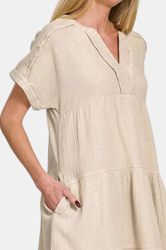 Washed Double Gauze Raw Edge V-Neck Dress / SAND BEIGE