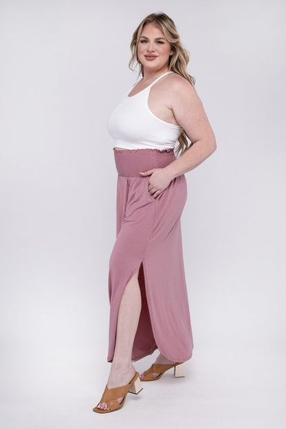 Plus Smocked Waist Side Slit Maxi Skirt w/ Pockets