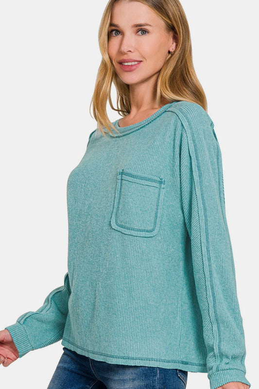 Brushed Ribbed Hacci Round Neck Sweater / DUSTY TEAL