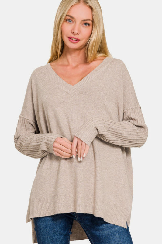 Viscose Ribbed Hem & Sleeve V-Neck Sweater