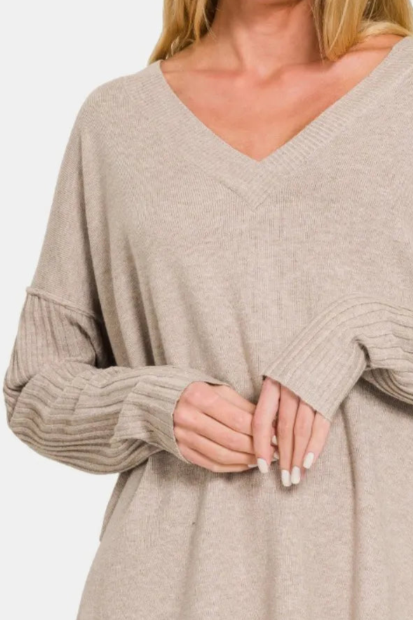 Viscose Ribbed Hem & Sleeve V-Neck Sweater / H MOCHA