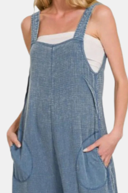 Double Gauze Washed Wide Leg Overalls / DUSTY BLUE