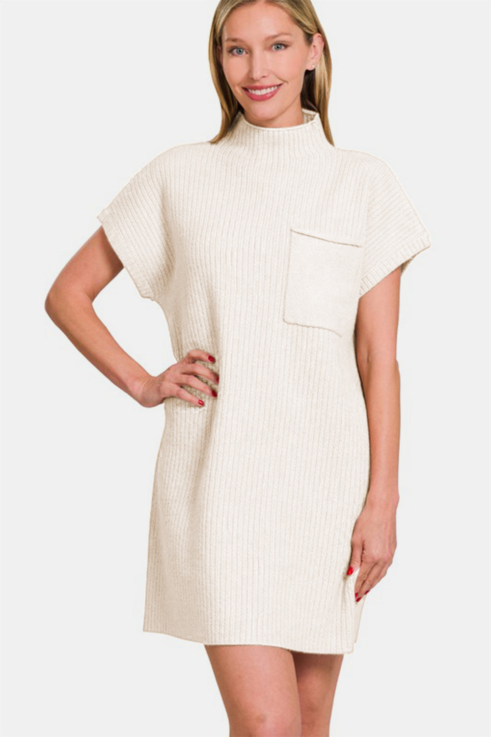 Mock Neck Short Sleeve Sweater Dress With Pocket