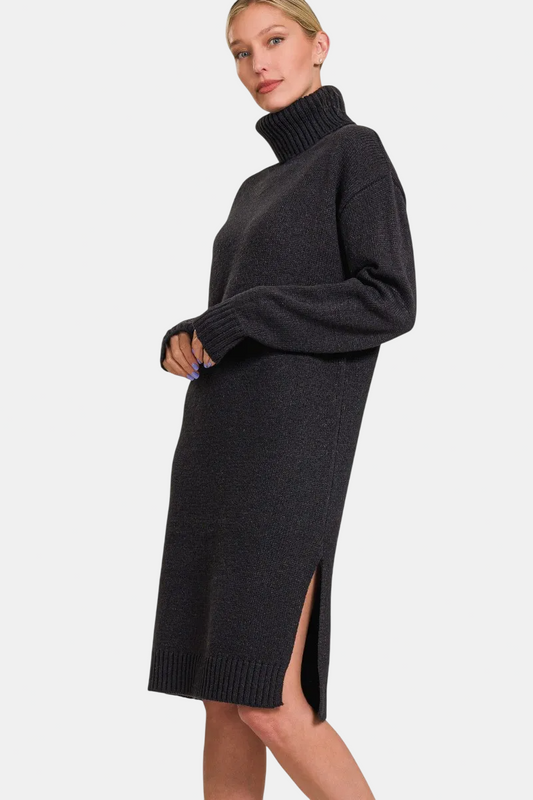 Turtle Neck Long Sleeve Midi Sweater Dress / BLACK