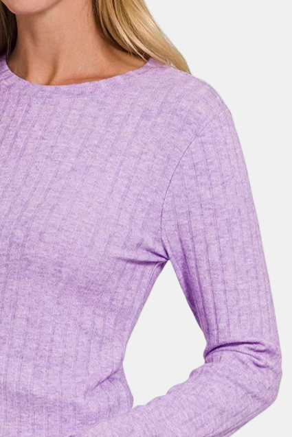 Ribbed Long Sleeve Round Neck Top / LAVENDER