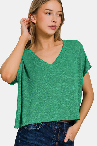 V-Neck Drop Shoulder Short Sleeve Crop Top