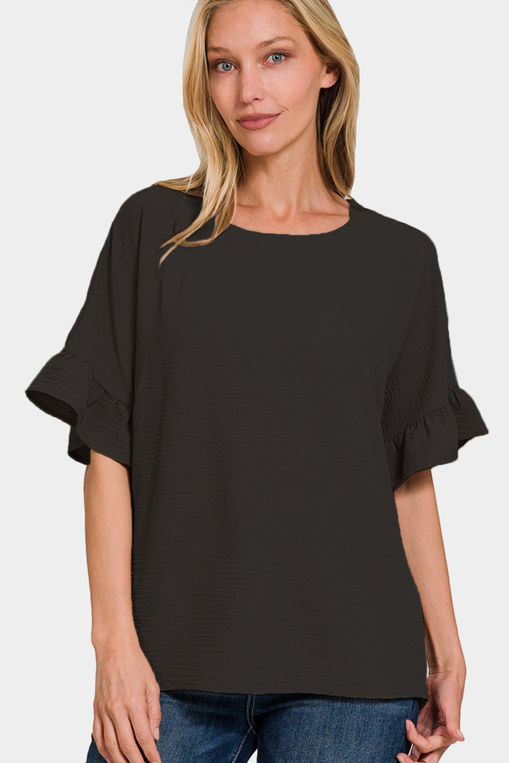 Woven Airflow Ruffle Sleeve Top