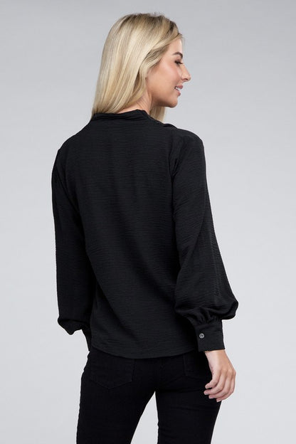 Woven Airflow V-Neck Long Sleeve Top