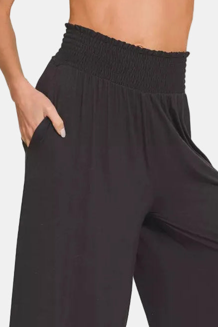 Smocked Waist Wide Leg Palazzo Pants / BLACK