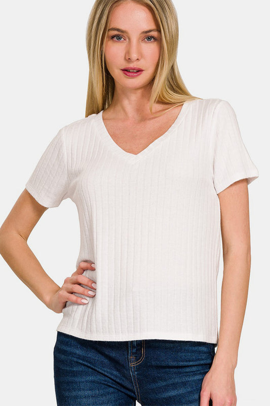 Ribbed Short Sleeve V Neck Top