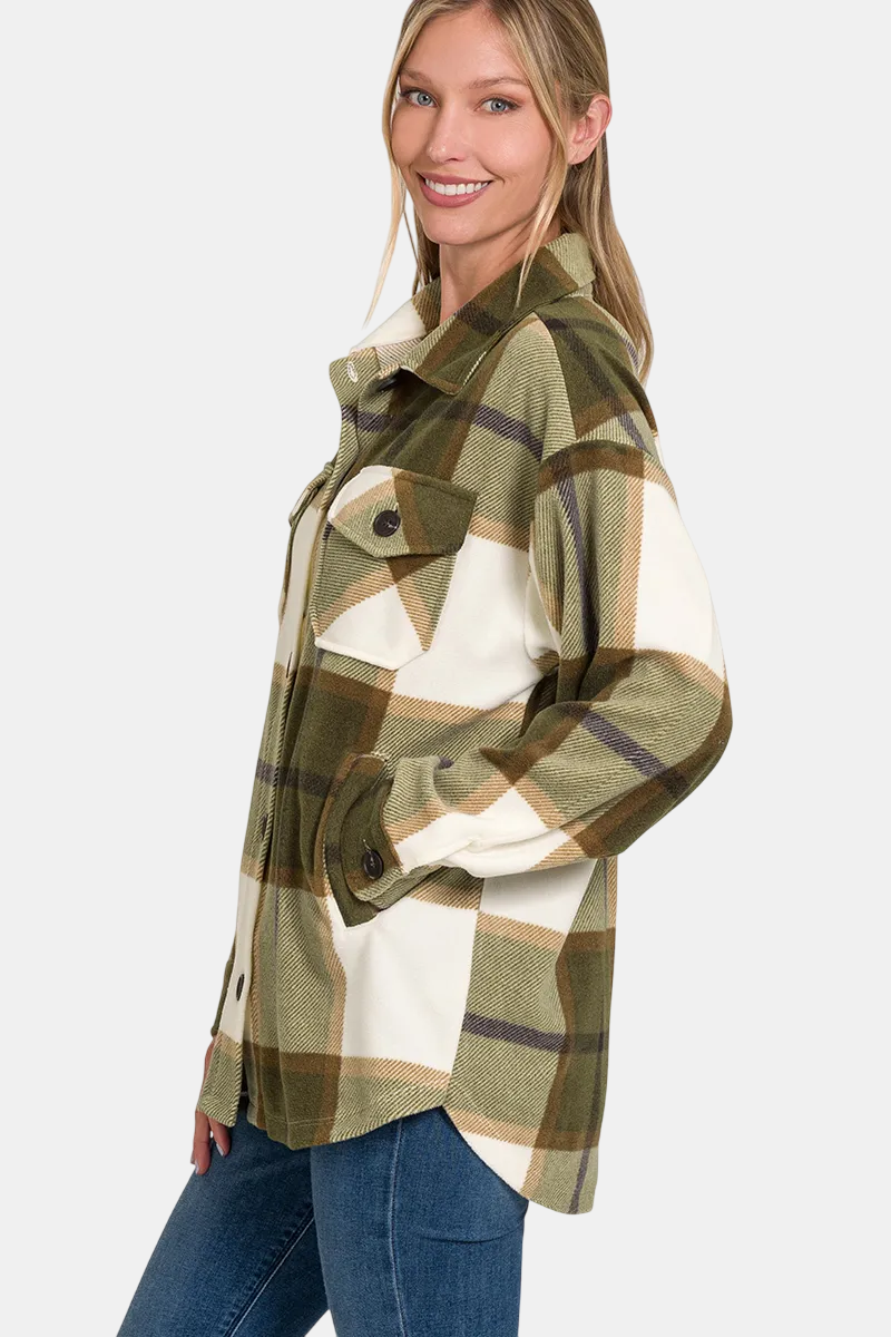 Oversized Plaid Fleece Shacket / OLIVE
