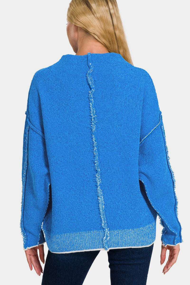 Oversized Mock Neck Raw Seam Chenille Sweater