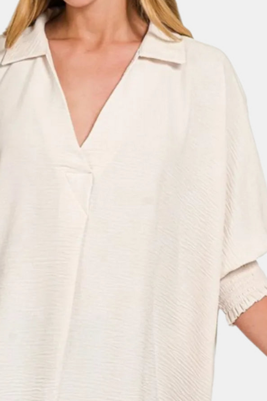 Airflow Collar Tee with Smocked Sleeve Band Top / SAND BEIGE