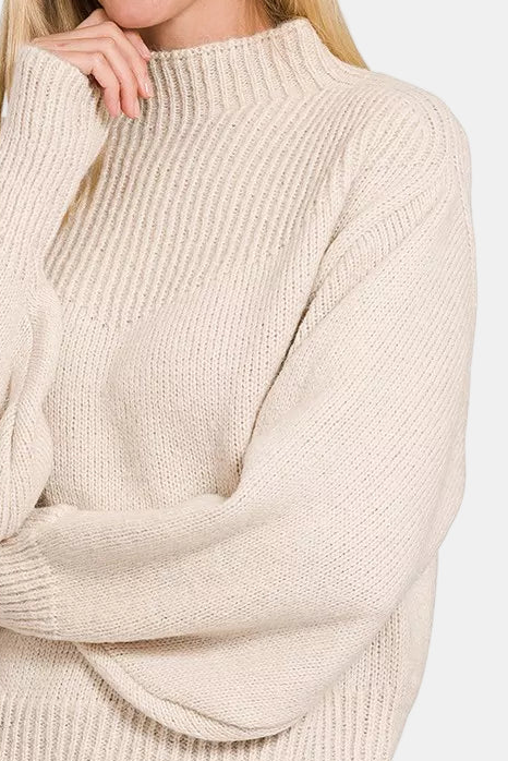 Balloon Sleeve Mock Neck Sweater / SAND BEIGE