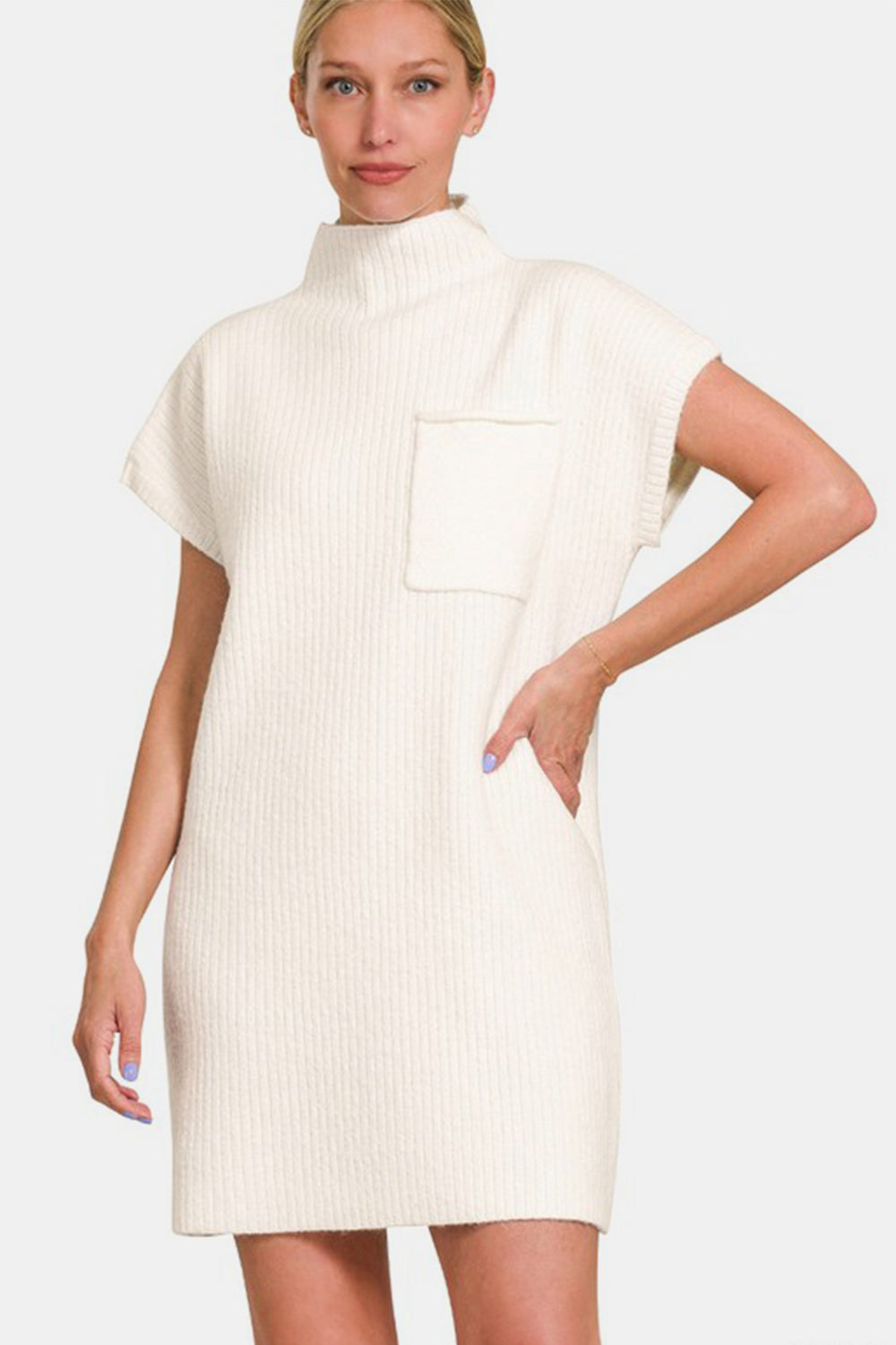 Mock Neck Short Sleeve Sweater Dress With Pocket