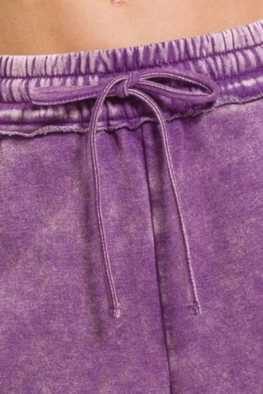 Acid Wash Fleece Drawstring Shorts With Pockets / VIOLET