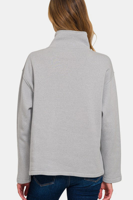 Fleece High Neck Half Snap Button Front Sweatshirt