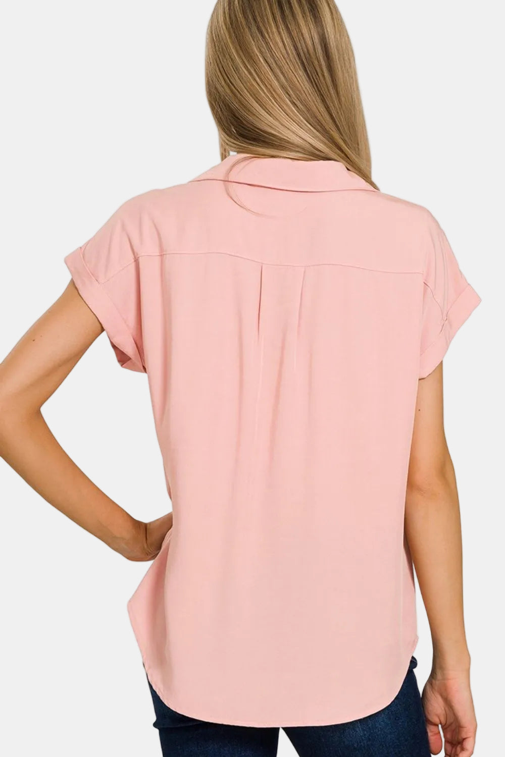 Tencel V-Neck Collared Top With Front Flap Pockets / DUSTY ROSE