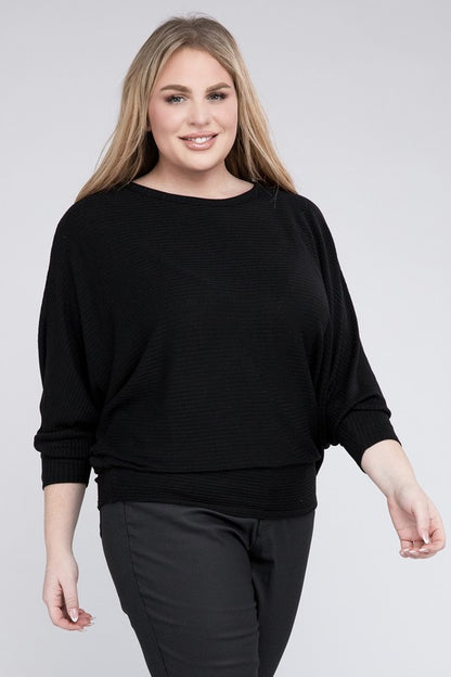 Plus Ribbed Batwing Long Sleeve Boat Neck Sweater