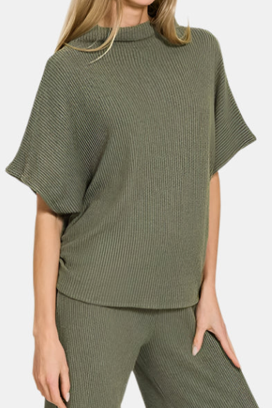 Sweater Mock Neck Top & Long Pants Set / DK OLIVE