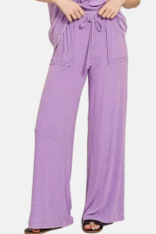 Ribbed Acid Wash Rayon Top & Pants Set / LAVENDER